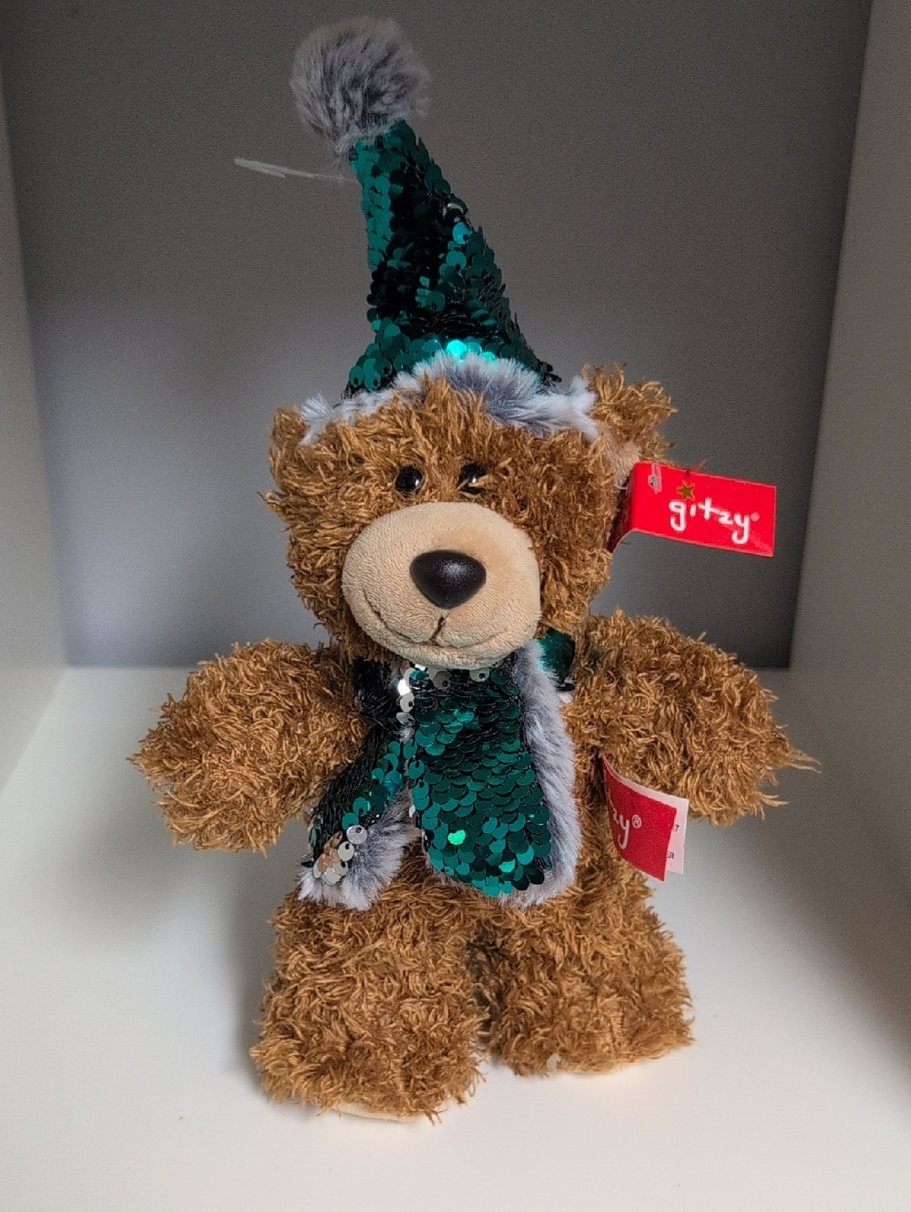 Gitzy Brown Bear With Sequin Hat And Scarf Plush Bear, 9" Brand New With Tags